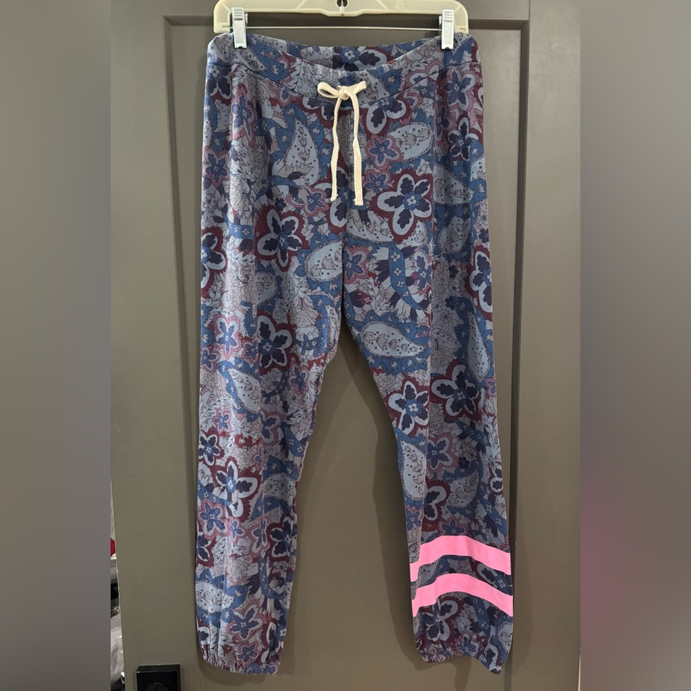 Sundry Blue Paisley Track Joggers with Pink Stripes